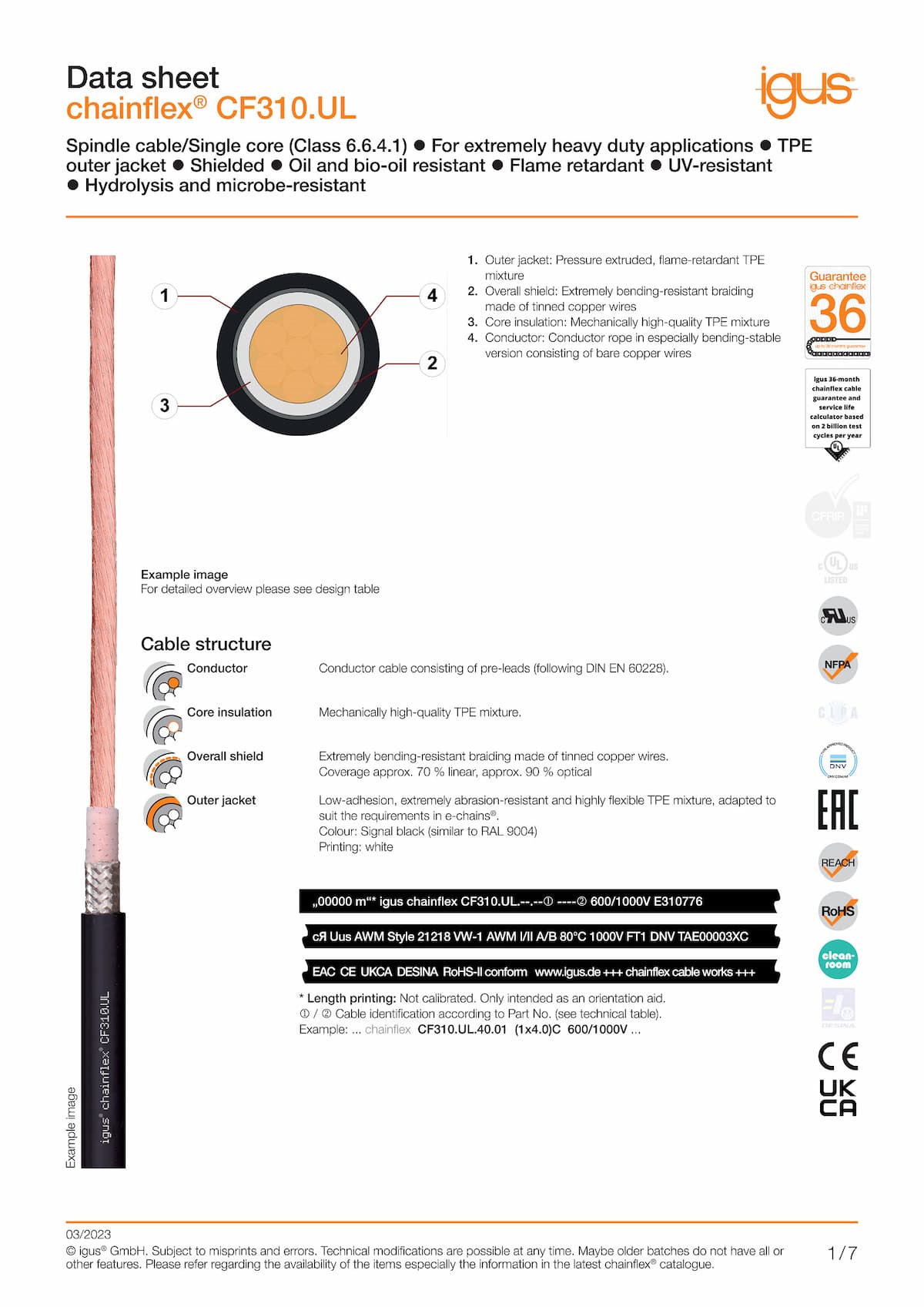 Technical data sheet chainflex® motor cable CF310.UL