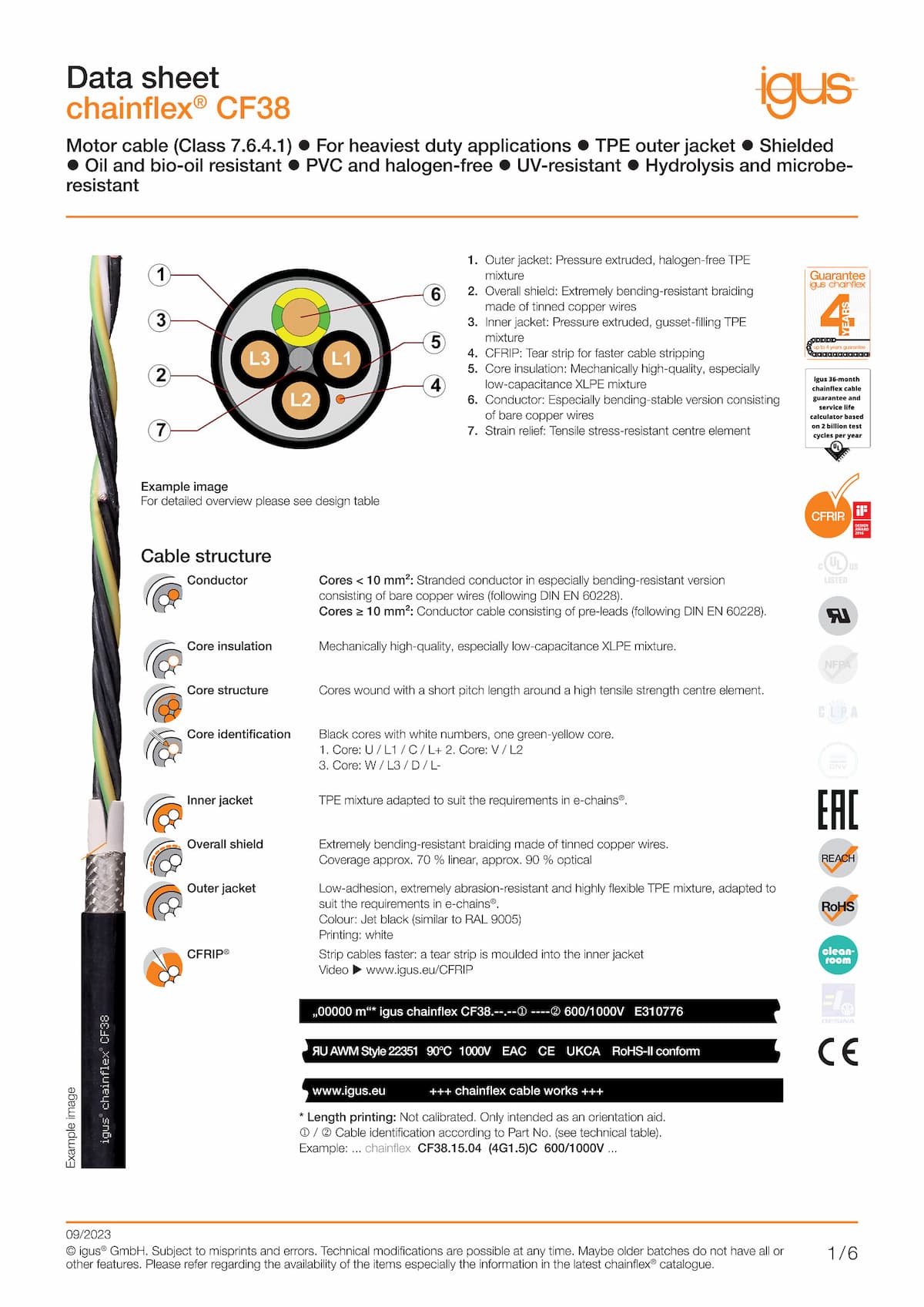 Technical data sheet chainflex® motor cable CF38