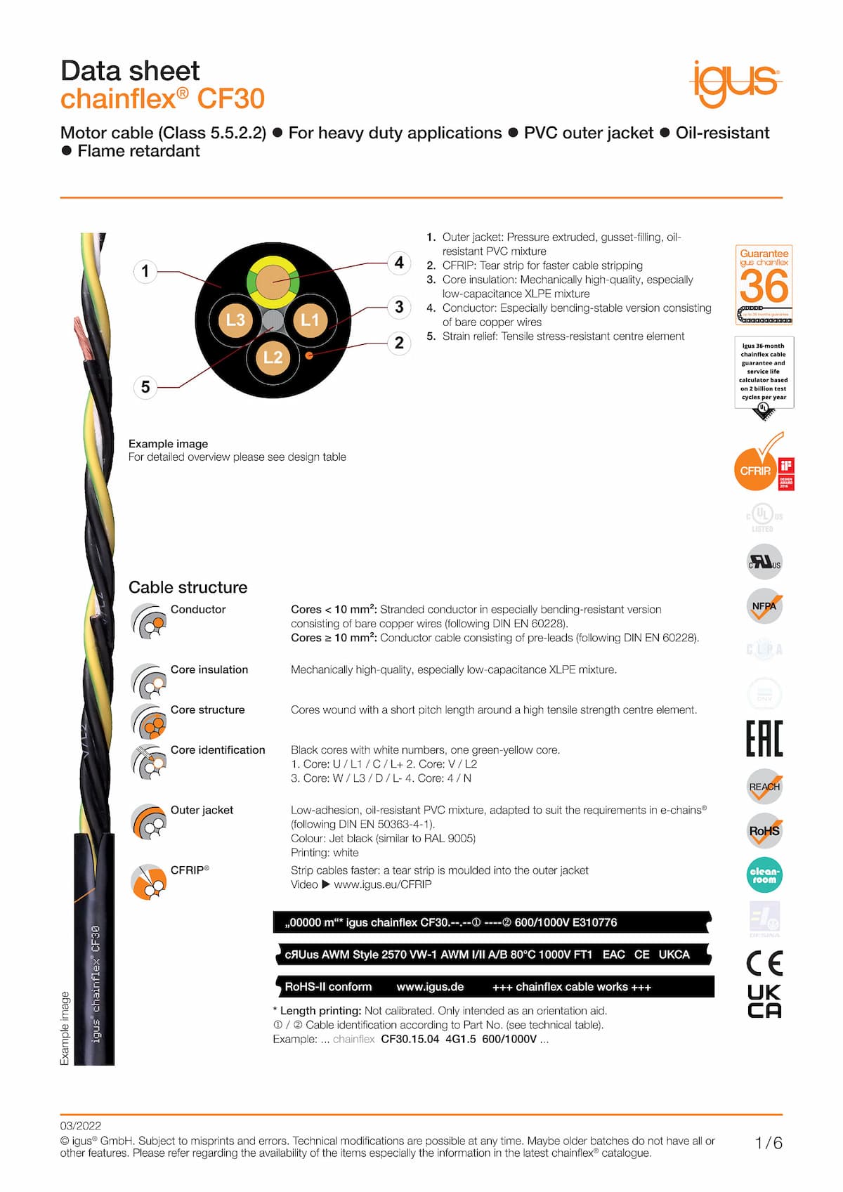 Technical data sheet chainflex® motor cable CF30