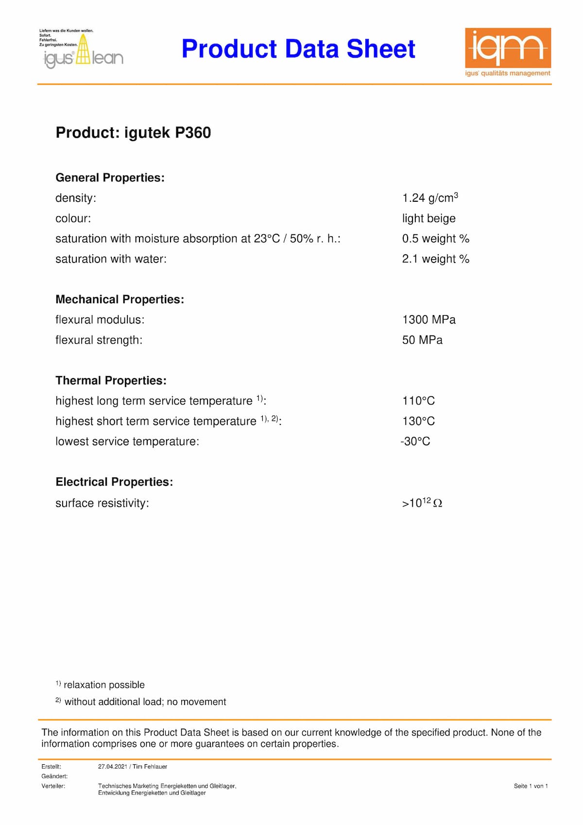 igutek P360 material data sheet