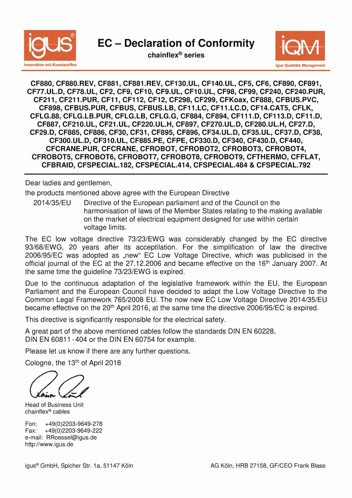 <p>EU Declaration of Conformity chainflex® Thermocouple cable<br></p>