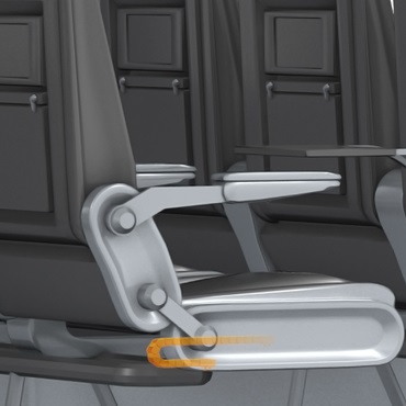 Intérieur d'avion : chaîne porte-câbles dans un réglage horizontal de siège