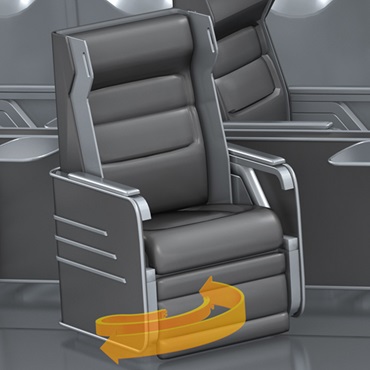 Intérieur d'avion : chaîne porte-câbles dans un réglage en rotation de siège